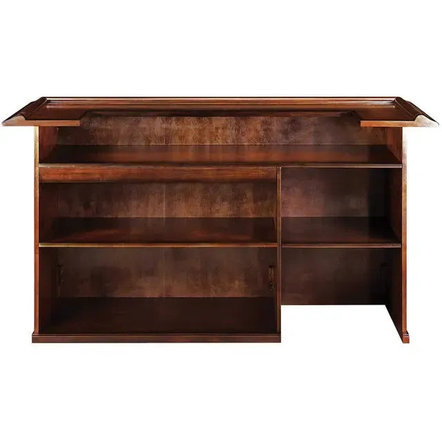 84" English Pub-Style Dry Bar in rich brown Malaysian Oak with shelving and mini fridge pocket.