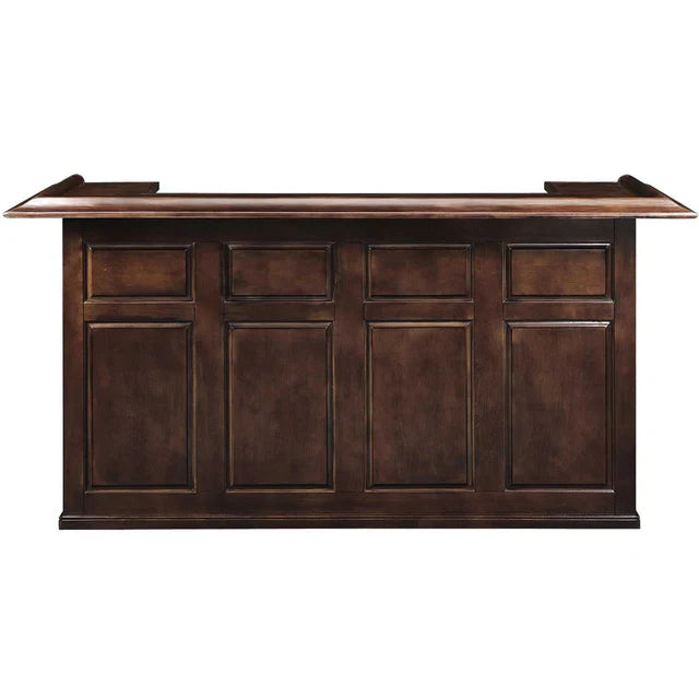 84" English Pub-Style Dry Bar in dark brown Malaysian Oak with paneled front and raised molding.