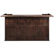 84" English Pub-Style Dry Bar in dark brown Malaysian Oak with paneled front and raised molding.