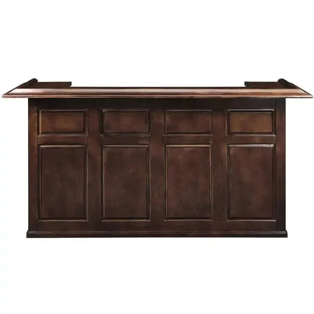 84" English Pub-Style Dry Bar in dark brown Malaysian Oak with paneled front and raised molding.