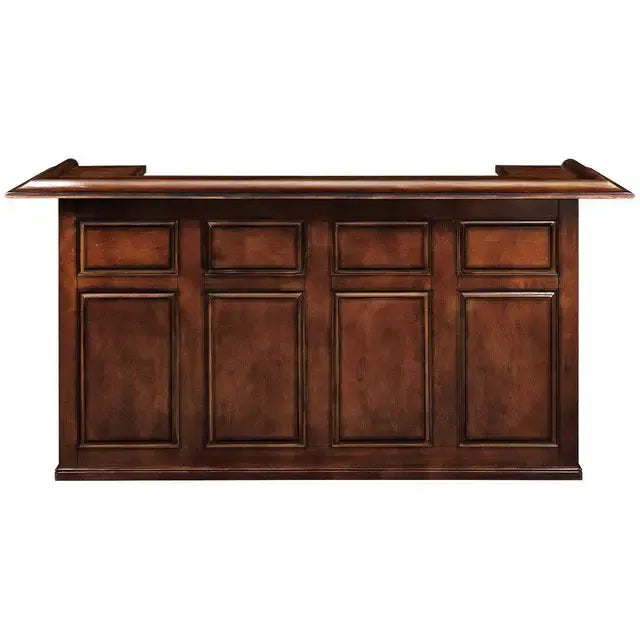 84" English Pub-Style Dry Bar in rich brown Malaysian Oak with paneled front and raised molding.