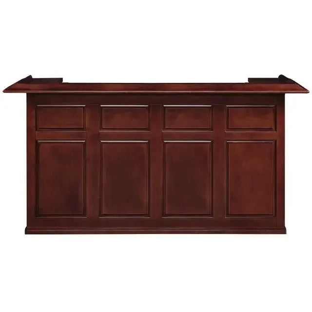 84" English Pub-Style Dry Bar in rich brown Malaysian Oak with paneled front and raised molding.