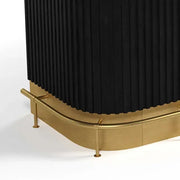 Polished Brass metal foot rail with adjustable levelers on a black ribbed Prohibition Series cocktail bar.