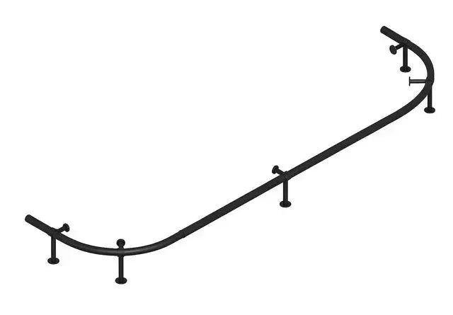 Matte black metal foot rail, curved for a 60" bar, with adjustable levelers.