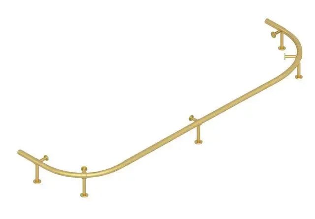Polished brass metal foot rail for 60" Prohibition Series cocktail bar, curved design with adjustable levelers.