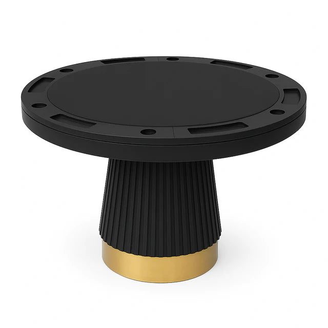 48" Prohibition 2 in 1 poker table with black faux-leather top and matte-black pedestal with brass kick plate.