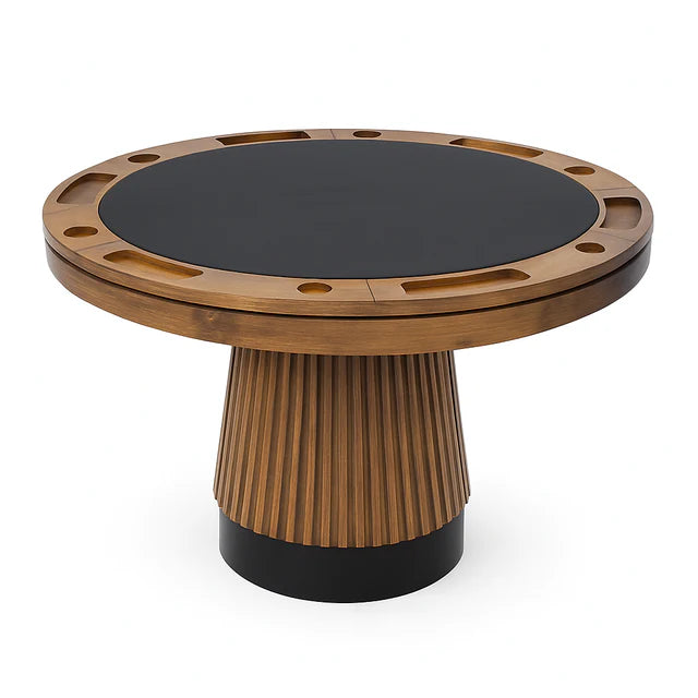 48" Prohibition 2 in 1 poker table with light-walnut finish, black faux-leather top, and fluted pedestal.