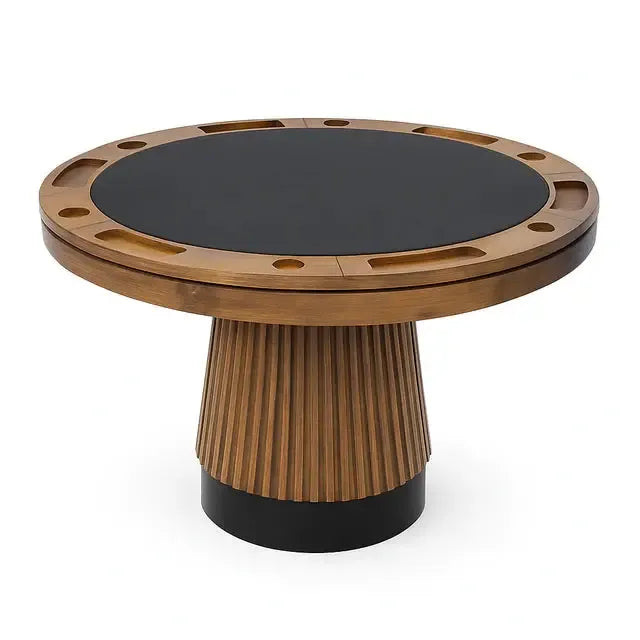 48" Prohibition 2 in 1 poker table with light-walnut finish, black faux-leather top, and fluted pedestal.