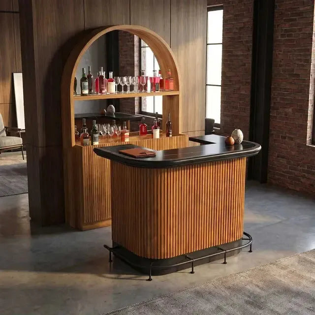 RAM Game Room Prohibition Series 60" cocktail home bar in matte walnut with black top and foot rail.