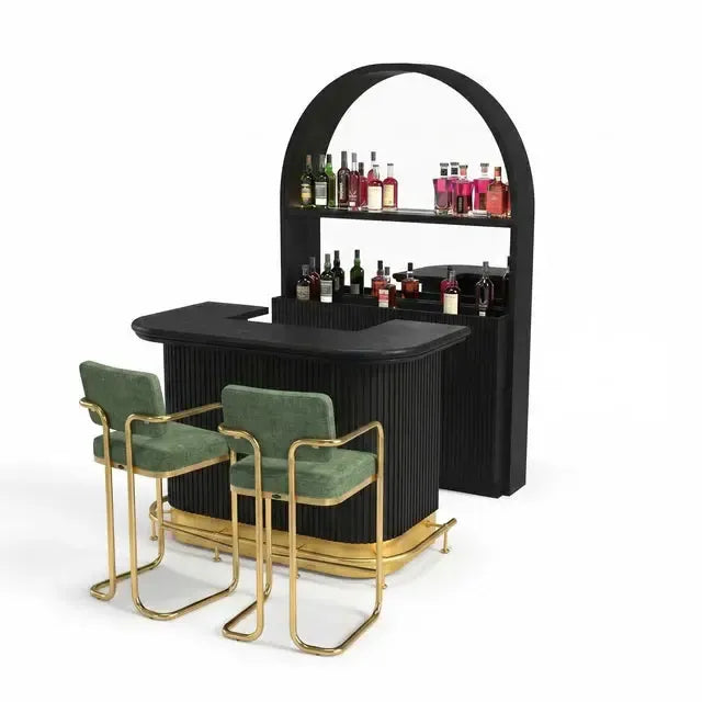 Prohibition Series 60" cocktail home bar in matte black with brass foot rail, matching back bar, and two green bar stools.