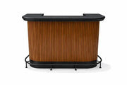 RAM Game Room Prohibition Series 60" cocktail home bar in matte walnut with black top and foot rail.