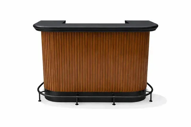 RAM Game Room Prohibition Series 60" cocktail home bar in matte walnut with black top and foot rail.