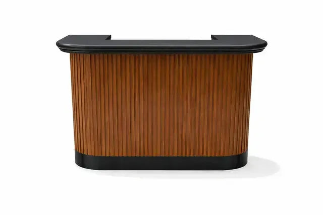 RAM Game Room Prohibition 60" cocktail home bar in matte walnut with black top and base.