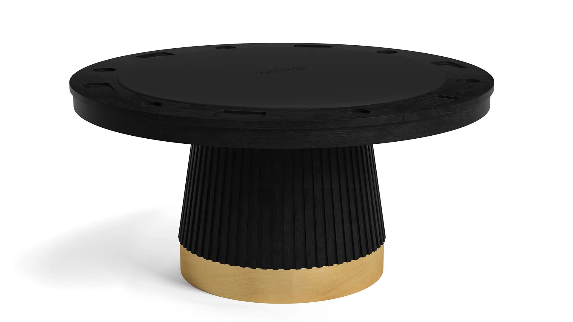 60" Prohibition Series poker table with matte black wood, vinyl playing surface, and vintage brass kick plate.