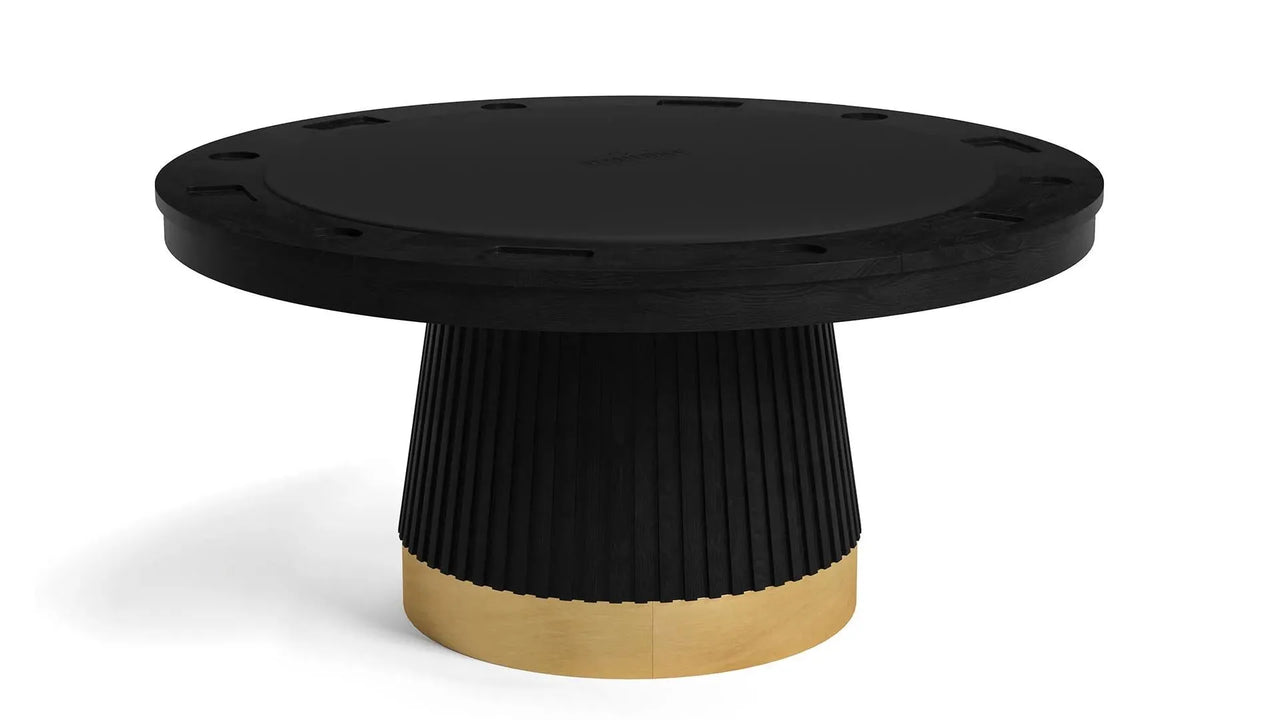 60" Prohibition Series poker table with matte black wood, vinyl playing surface, and vintage brass kick plate.
