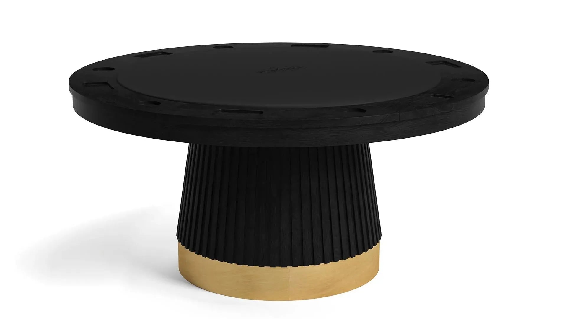60" Prohibition Series poker table with matte black wood, vinyl playing surface, and vintage brass kick plate.