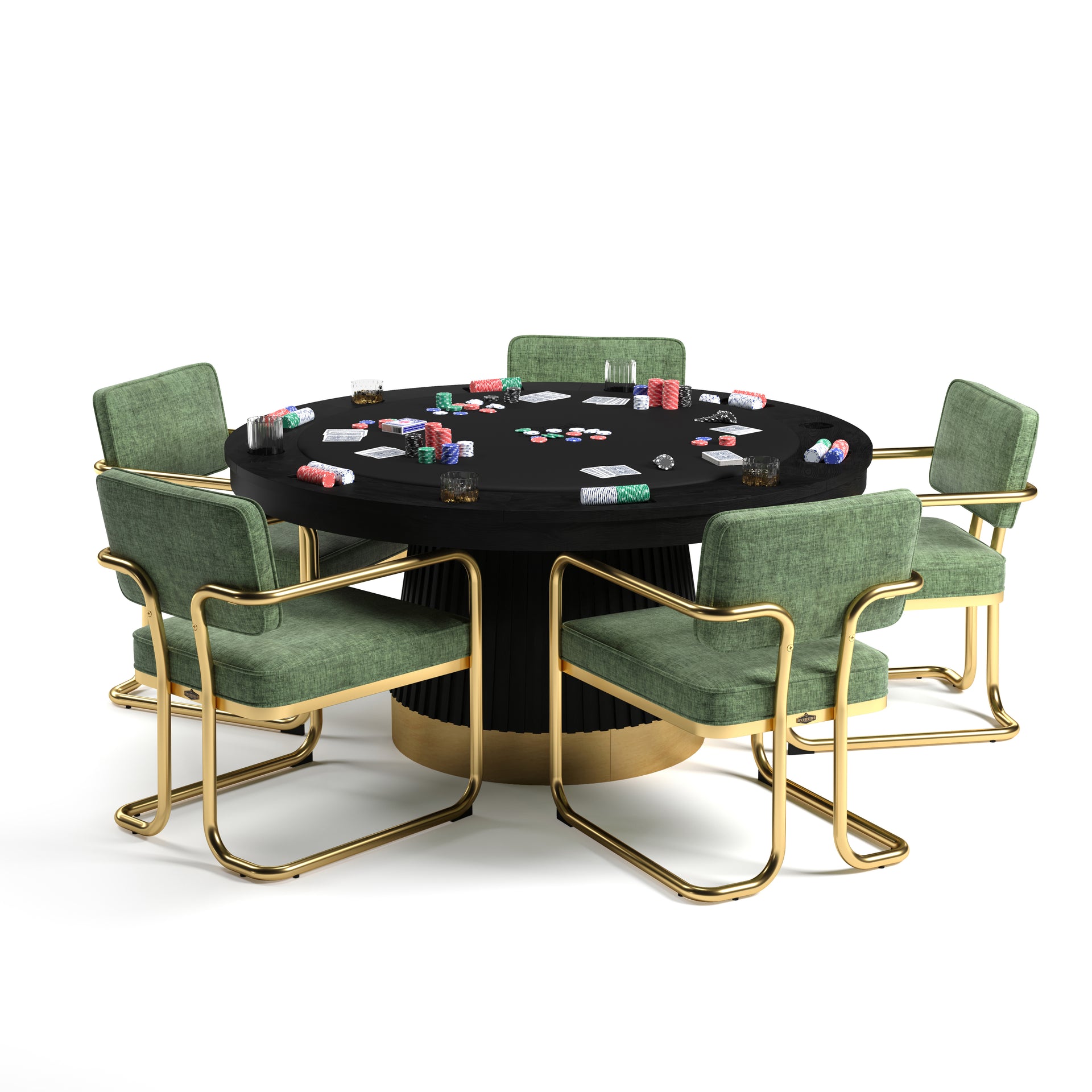 60" Prohibition Series poker table with matte black wood base, brass kick plate, and green chairs.
