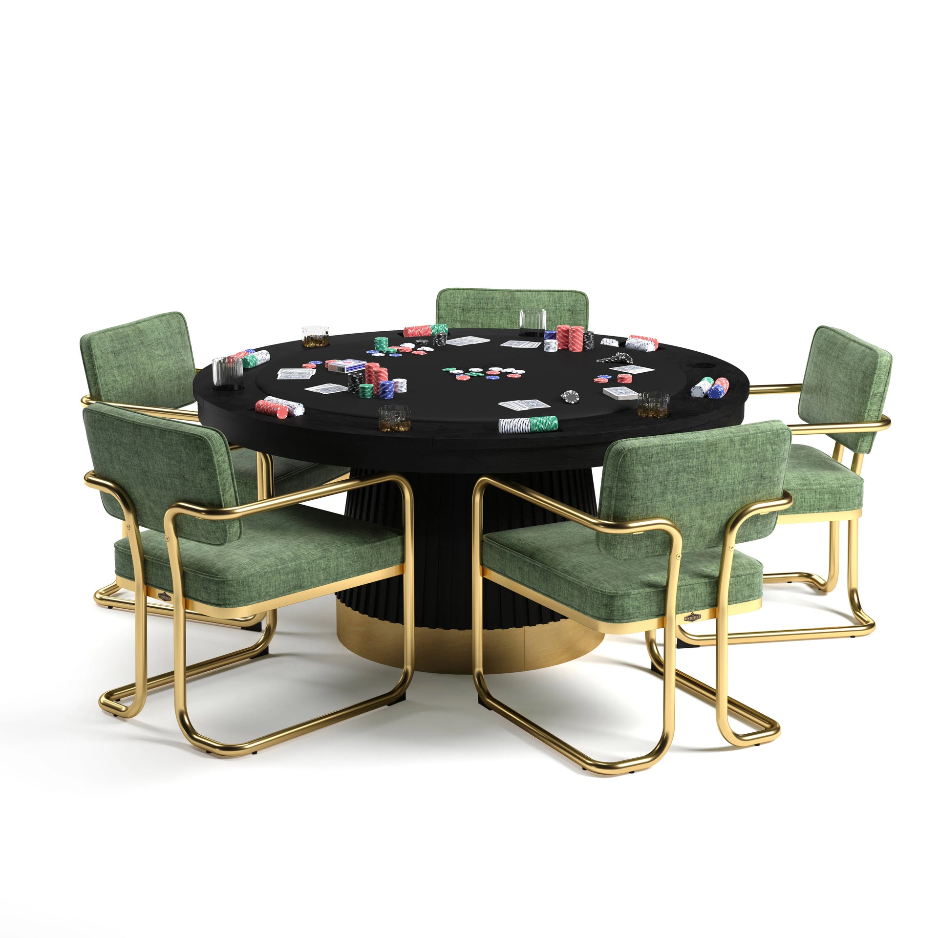 60" Prohibition Series poker table with matte black wood base, brass kick plate, and green chairs.