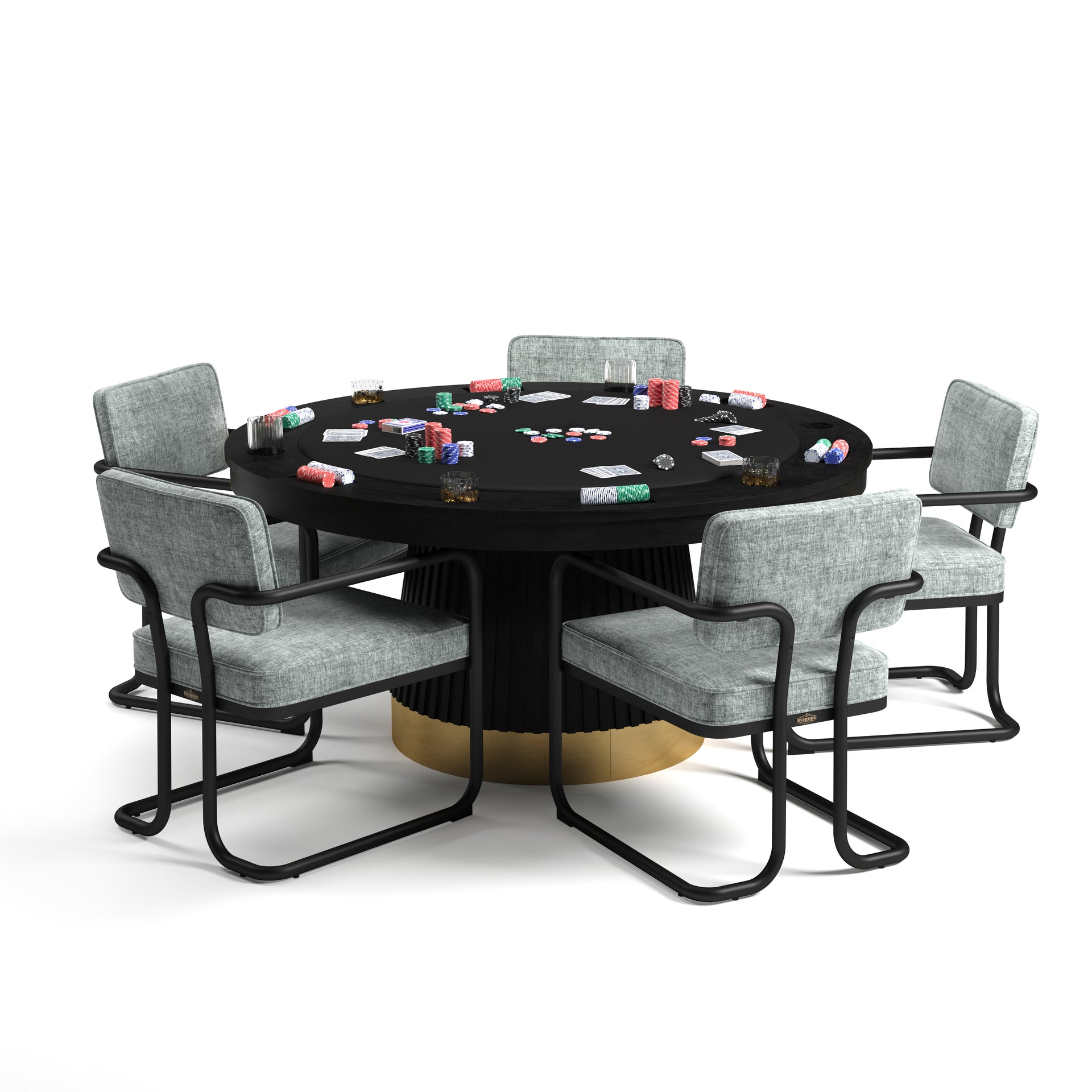 60" RAM Game Room Prohibition Series poker table with matte black wood base, brass kick plate, and grey chairs.