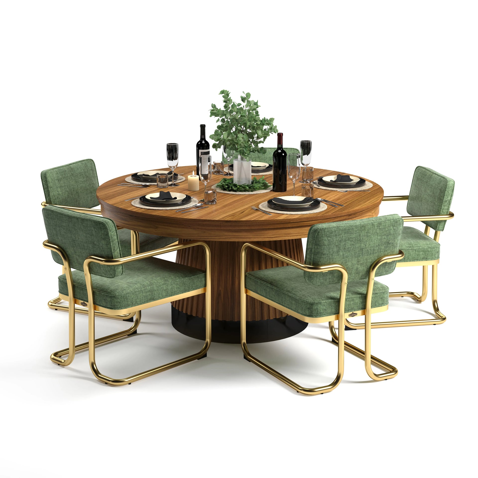Round wooden dining table with a fluted base, set with black dishes, wine, and a plant, surrounded by six green and gold chairs.