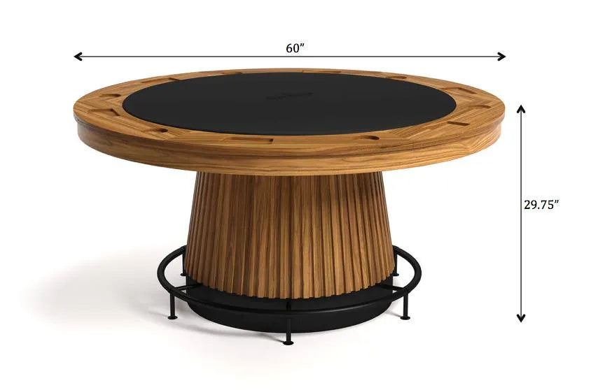 60" Prohibition Series poker table with light walnut finish, black vinyl playing surface, and foot rail.