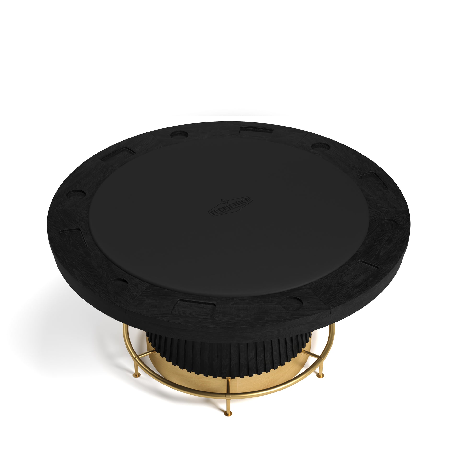60" RAM Game Room Prohibition Series poker table with matte black wood, vinyl surface, and brass kick plate.
