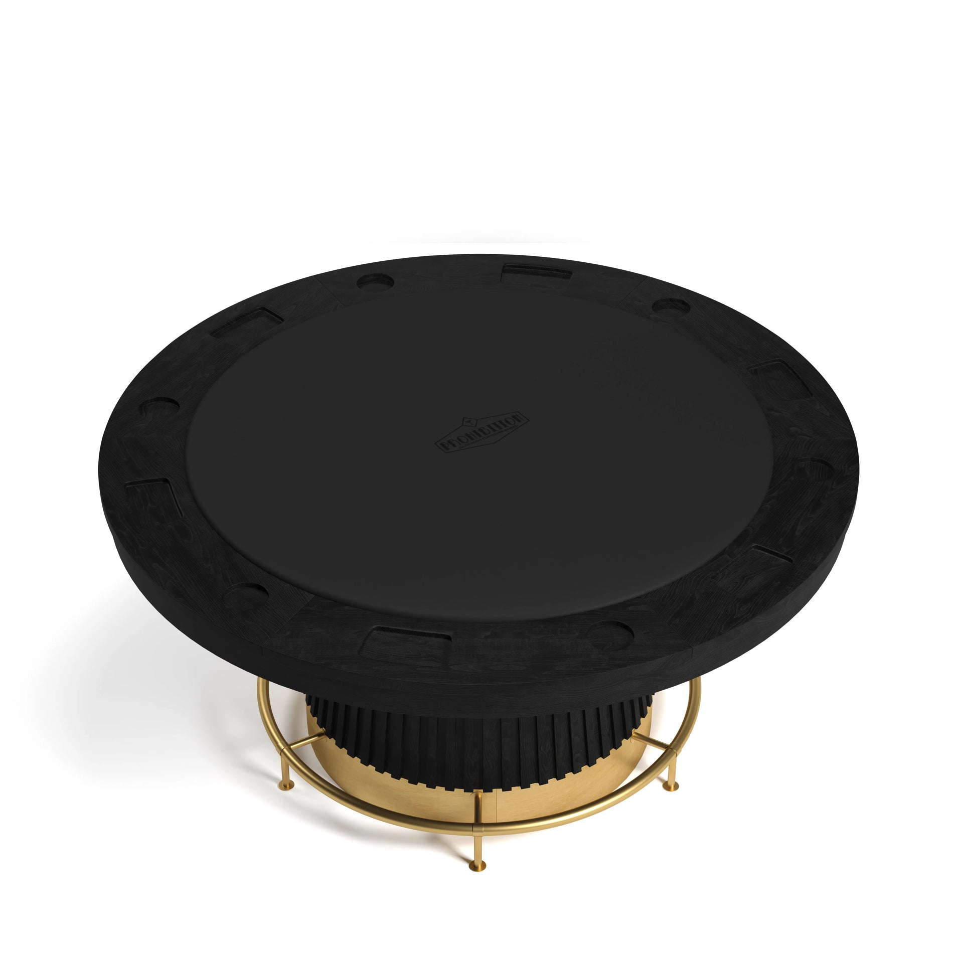 60" RAM Game Room Prohibition Series poker table with matte black wood, vinyl surface, and brass kick plate.