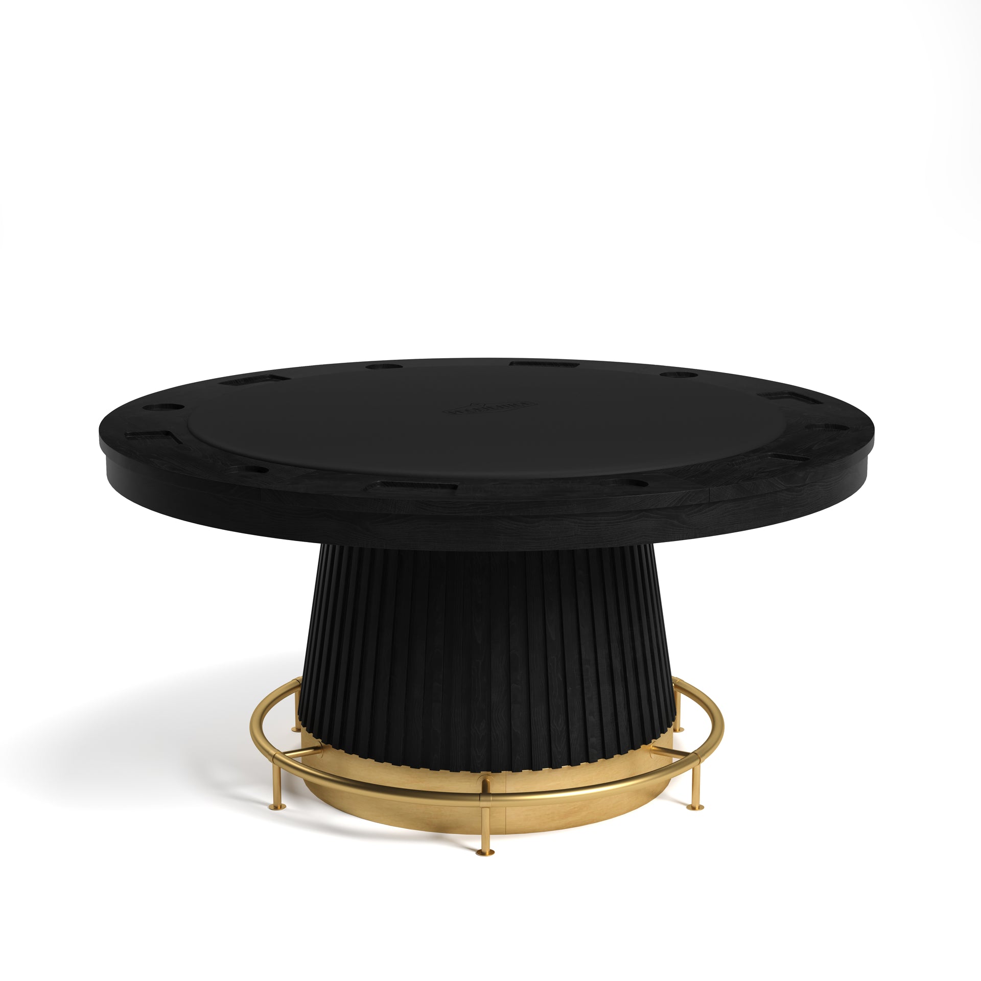60" RAM Game Room Prohibition Series poker table, matte black wood with brass foot rail.