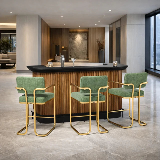 Prohibition Series 84" cocktail bar in Matte Walnut/Black with three green and brass bar stools.