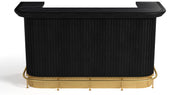 Prohibition Series 84" cocktail bar in matte black with a black marble top and brass foot rail.
