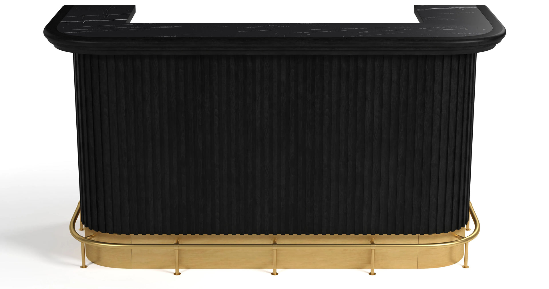 Prohibition Series 84" cocktail bar in matte black with a black marble top and brass foot rail.