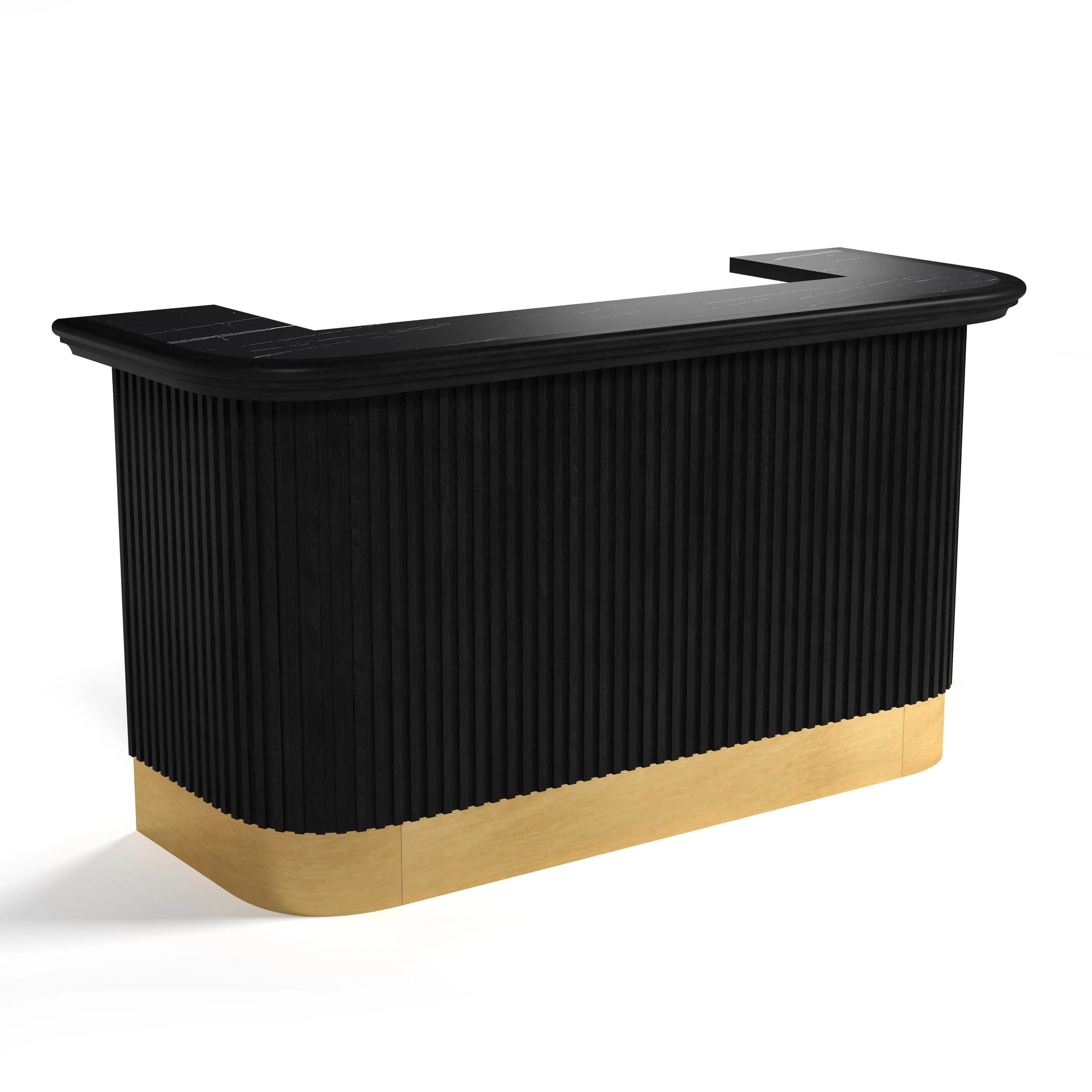 Prohibition Series 84" Cocktail Bar in Matte Black with a fluted design and brass base.