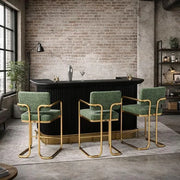 Prohibition Series 84" cocktail bar in matte black with brass accents and three green bar stools.