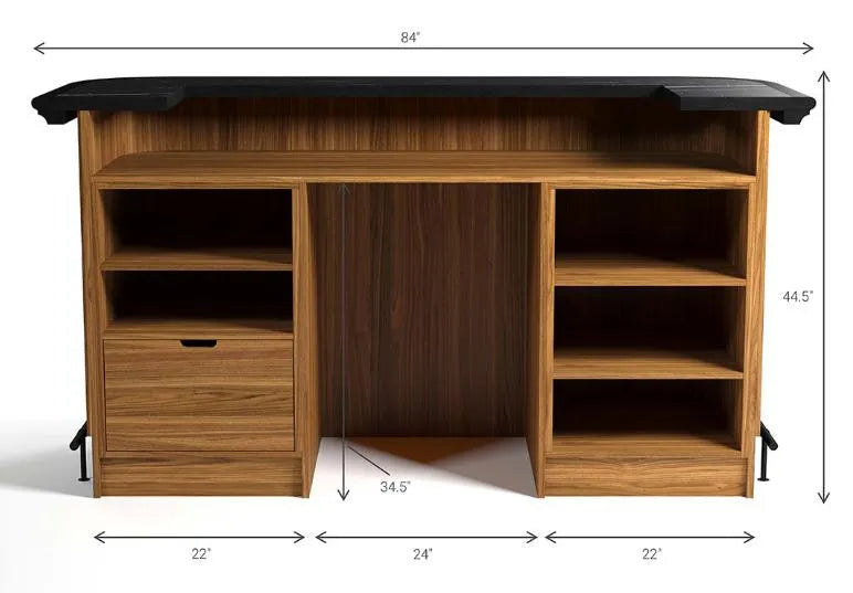 84" Prohibition Series cocktail bar in matte walnut/black, featuring shelves and a drawer.