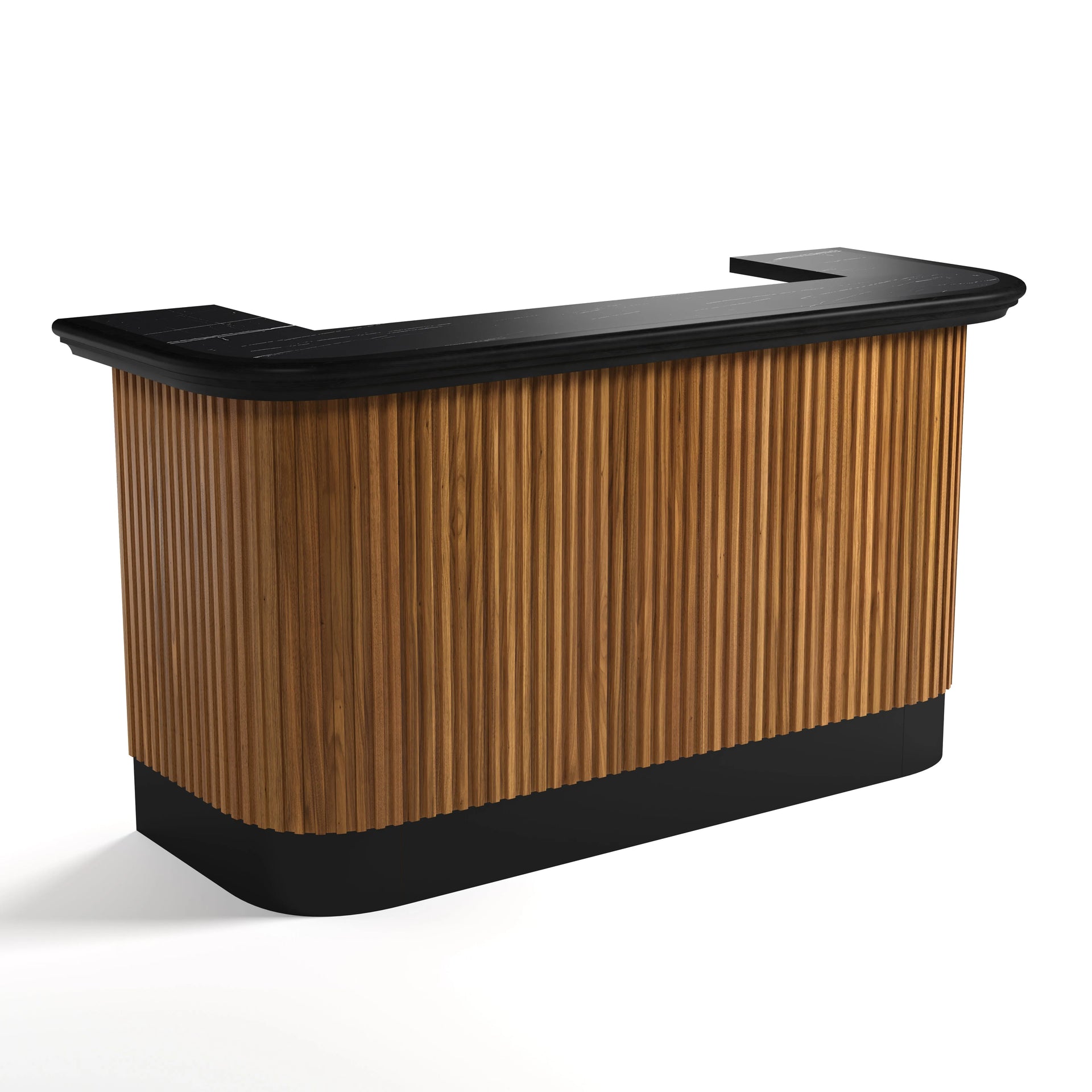 84" Prohibition Series cocktail bar in matte walnut with a black top and ribbed wood paneling.