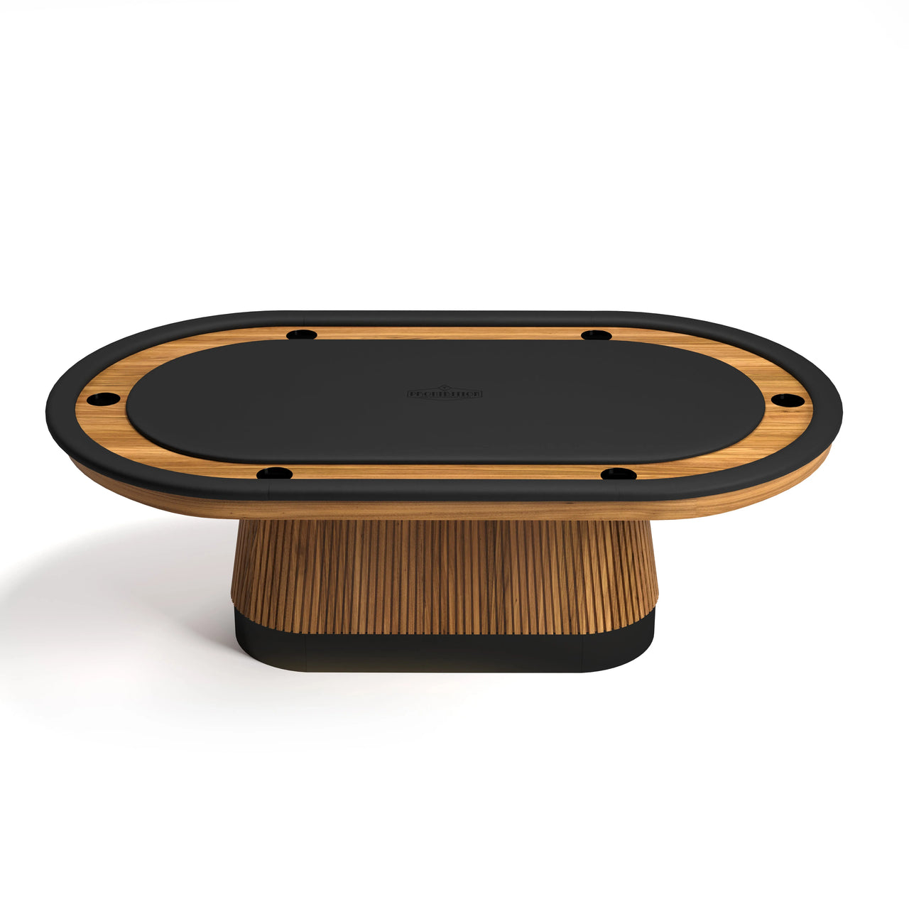 RAM Game Room Prohibition Series 84" Texas Hold'em table with a light walnut wood base, black playing surface, and drink holders.