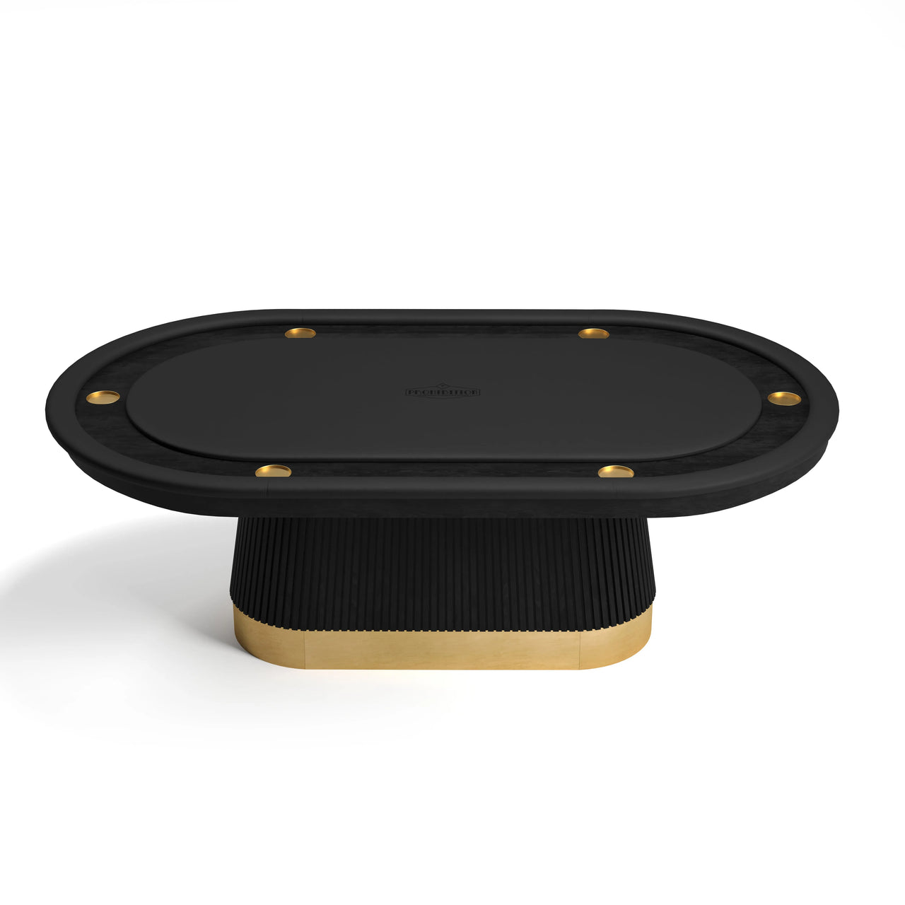 Black 84" RAM Game Room Prohibition Series Texas Hold'em table with a fluted wood base and brass kick plate.