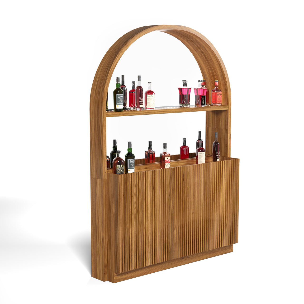 Prohibition Series Back Bar in Matte Walnut with arched top, slatted cabinet, and illuminated shelves.