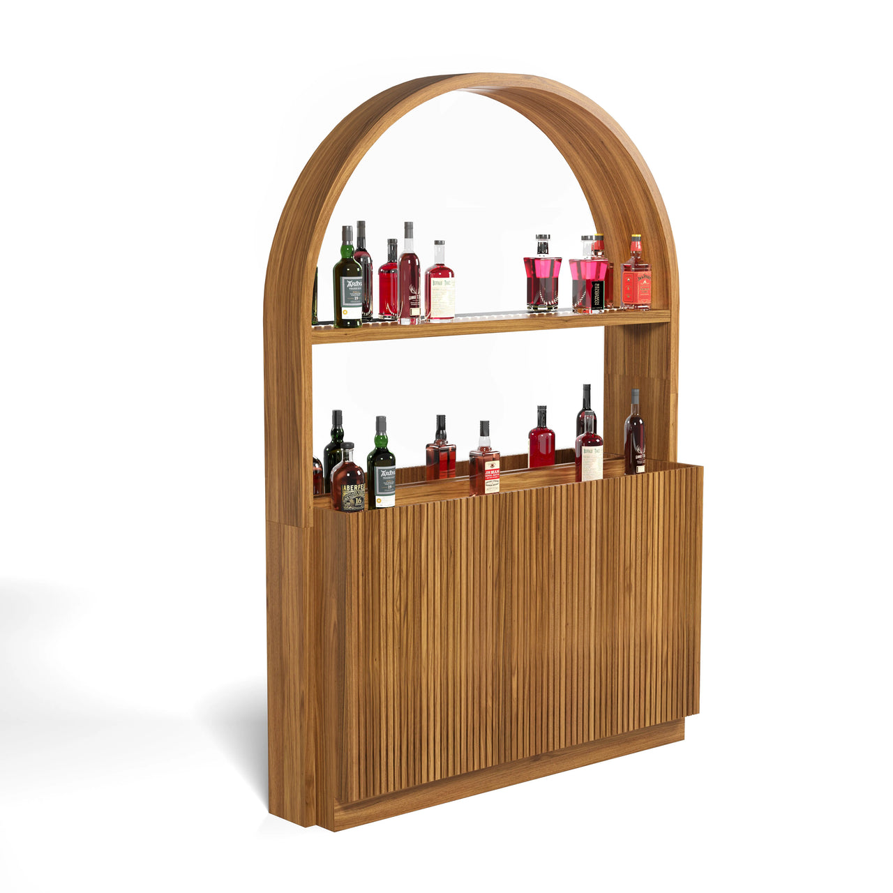 Prohibition Series Back Bar in Matte Walnut with arched top, slatted cabinet, and illuminated shelves.