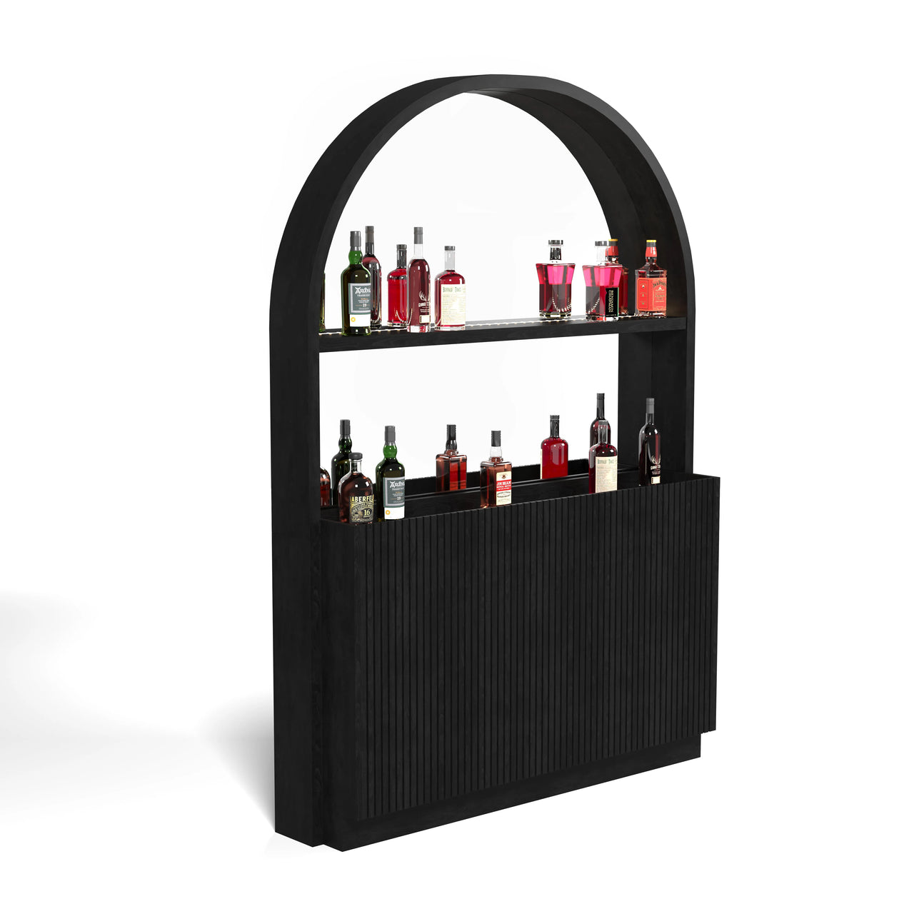 Matte Black Prohibition Series Back Bar with arched top, LED lights, and storage for spirits.