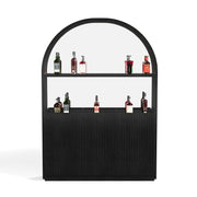 Matte Black Prohibition Series Back Bar with arched top, LED-lit shelves, and fluted cabinet doors.
