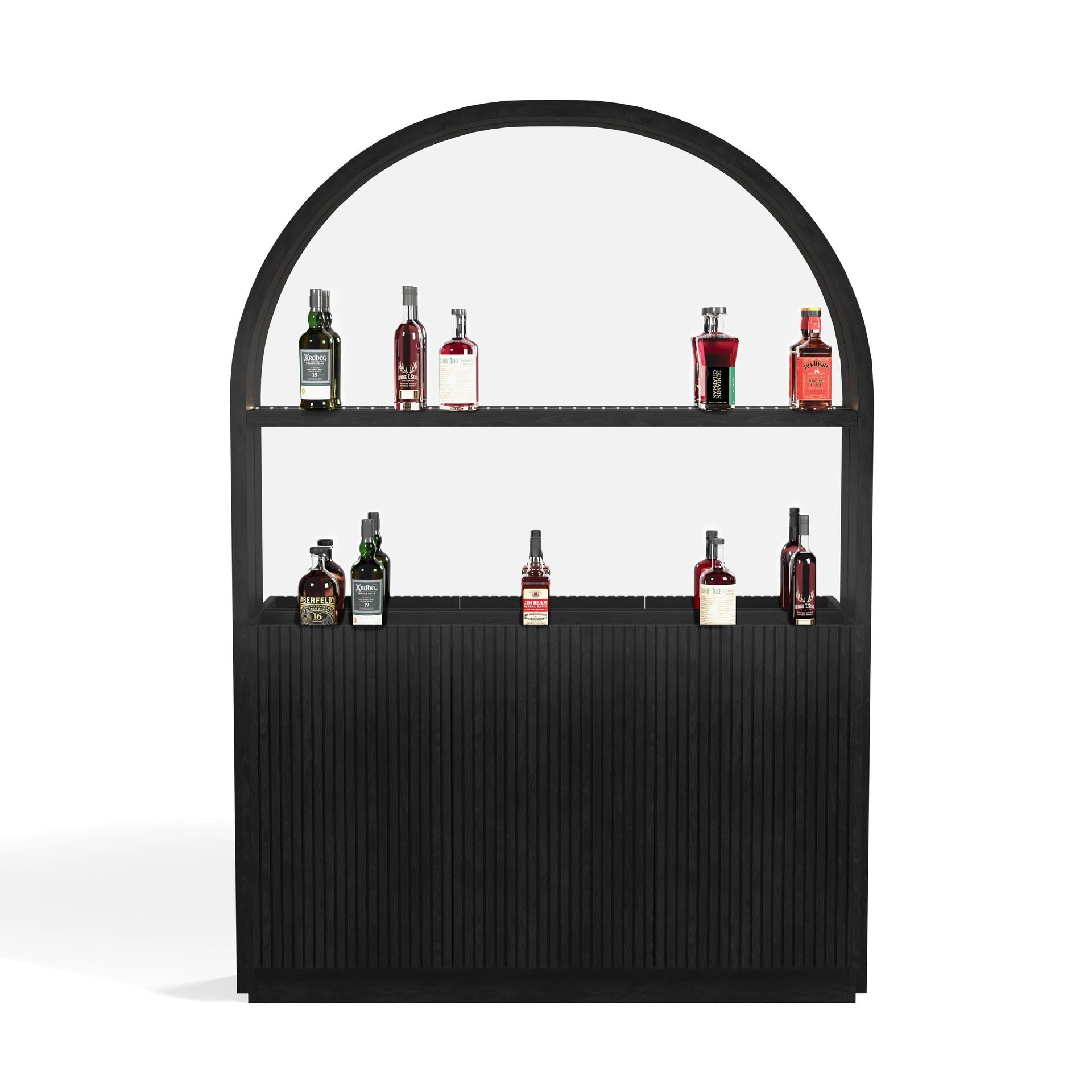 Matte Black Prohibition Series Back Bar with arched top, LED-lit shelves, and fluted cabinet doors.