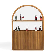 Matte Walnut Prohibition Series Back Bar with arched top, fluted base, and two shelves displaying bottles.