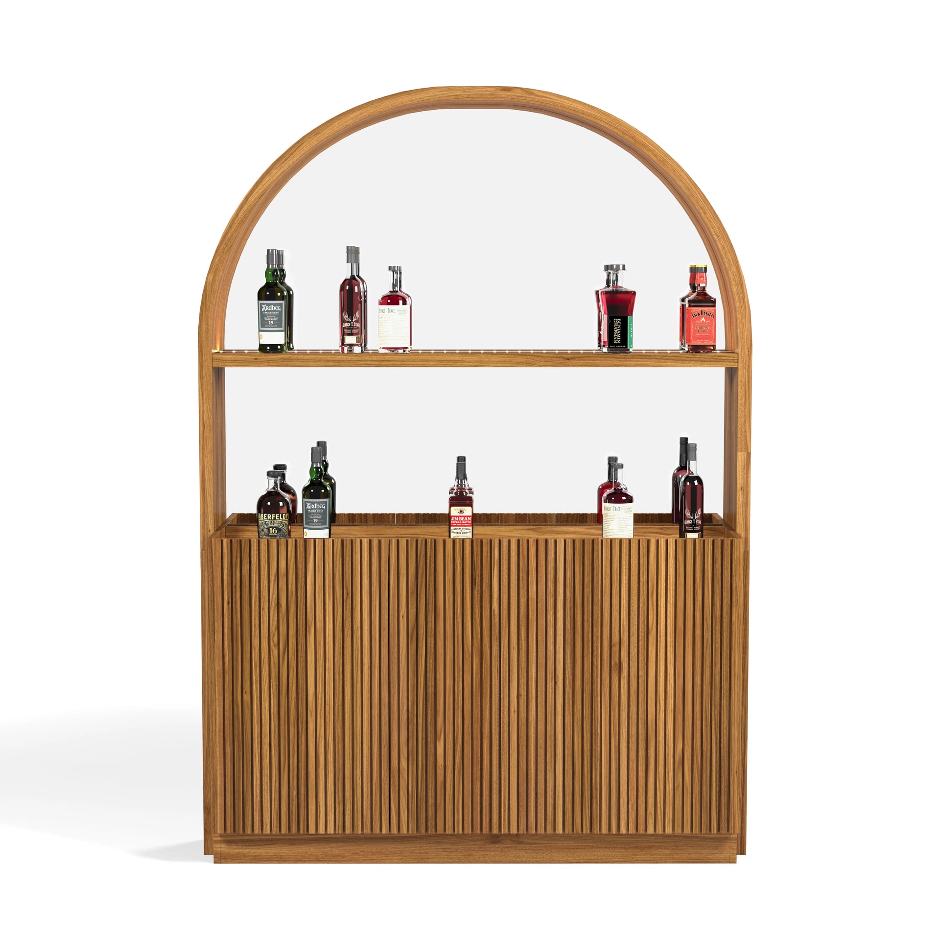 Matte Walnut Prohibition Series Back Bar with arched top, fluted base, and two shelves displaying bottles.