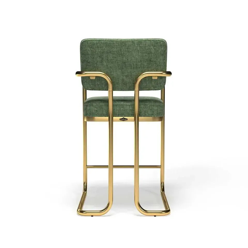 RAM Game Room Prohibition Series barstool with arms, vintage green upholstery, and brass frame.