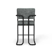 Prohibition Series barstool with arms, vintage gray material, matte black frame, and wide seat.