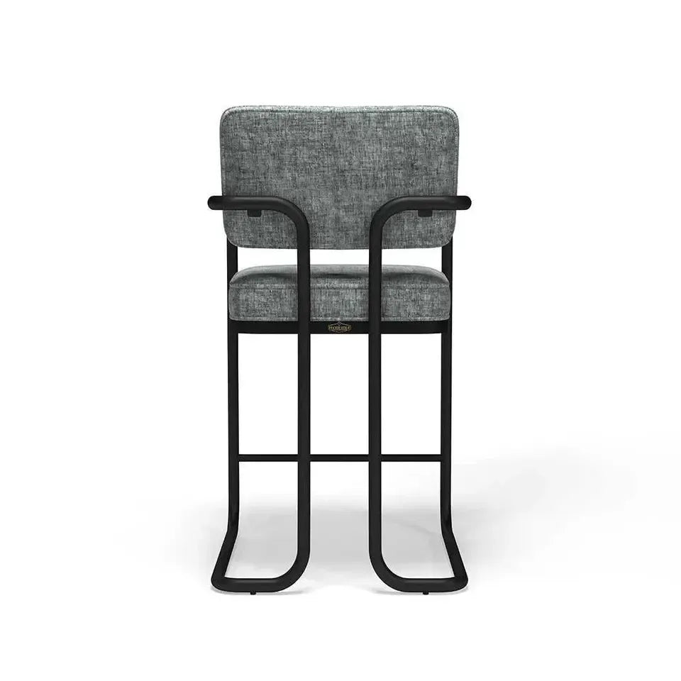 Prohibition Series barstool with arms, vintage gray material, matte black frame, and wide seat.
