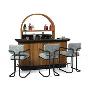 Three RAM Game Room Prohibition Series barstools with arms, vintage gray fabric, and matte black frames, at a wooden bar.