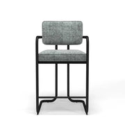 Prohibition Series barstool with arms, featuring vintage gray fabric upholstery and a matte black frame.