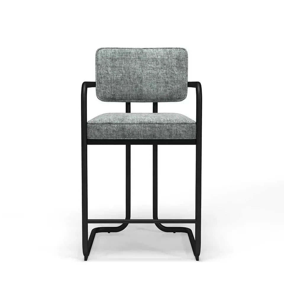 Prohibition Series barstool with arms, featuring vintage gray fabric upholstery and a matte black frame.